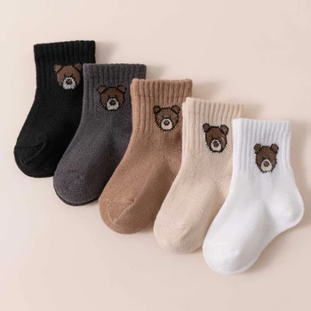 5 Pairs Cartoon Bear Baby Socks – Soft Cotton Mid-Calf 1