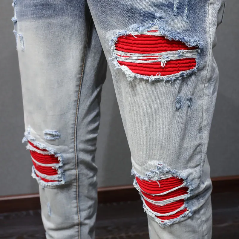 Streetwear Fashion Men Jeans High Quality Retro Blue Stretch Skinny Fit Patched Ripped Jeans Men Brand Designer Hip Hop Pants