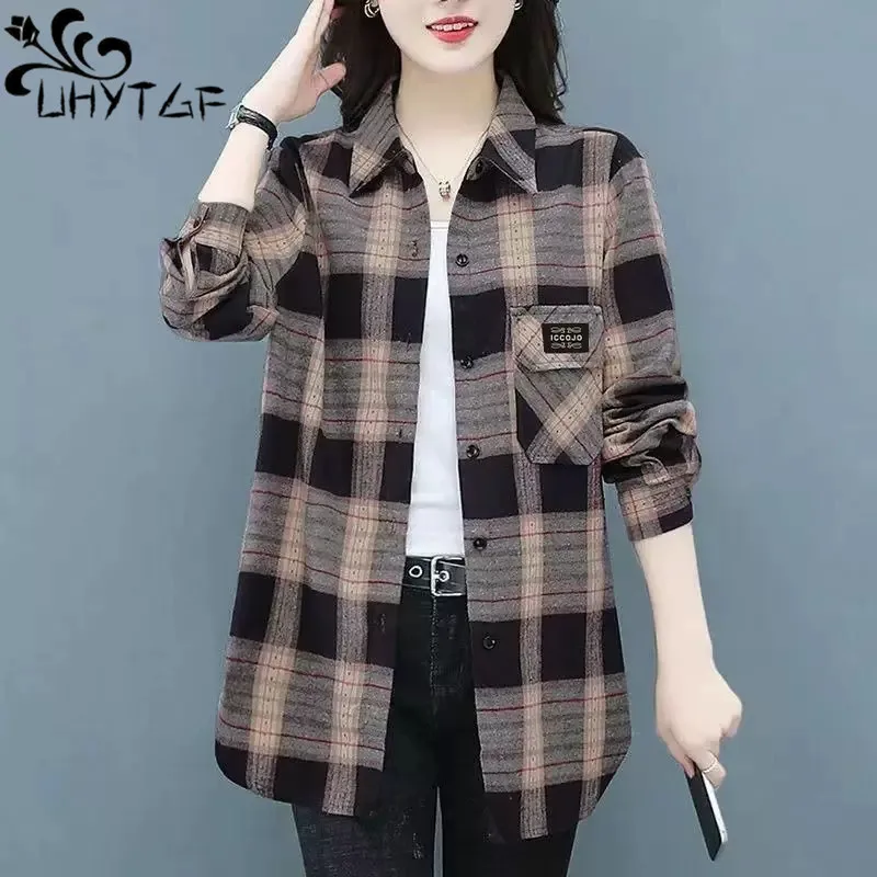 

Новые клетчатые рубашки и блузки UHYTGF, Женская корейская модная весенне-осенняя рубашка, пальто, женские повседневные топы с длинным рукавом, 5XL 2217