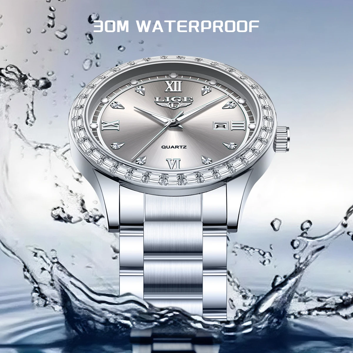 LIGE Men Watch Waterproof Diamond Luxury Luminous Calendar Quartz Wristwatch For Men Stainless Steel Fashion Business Watch Men