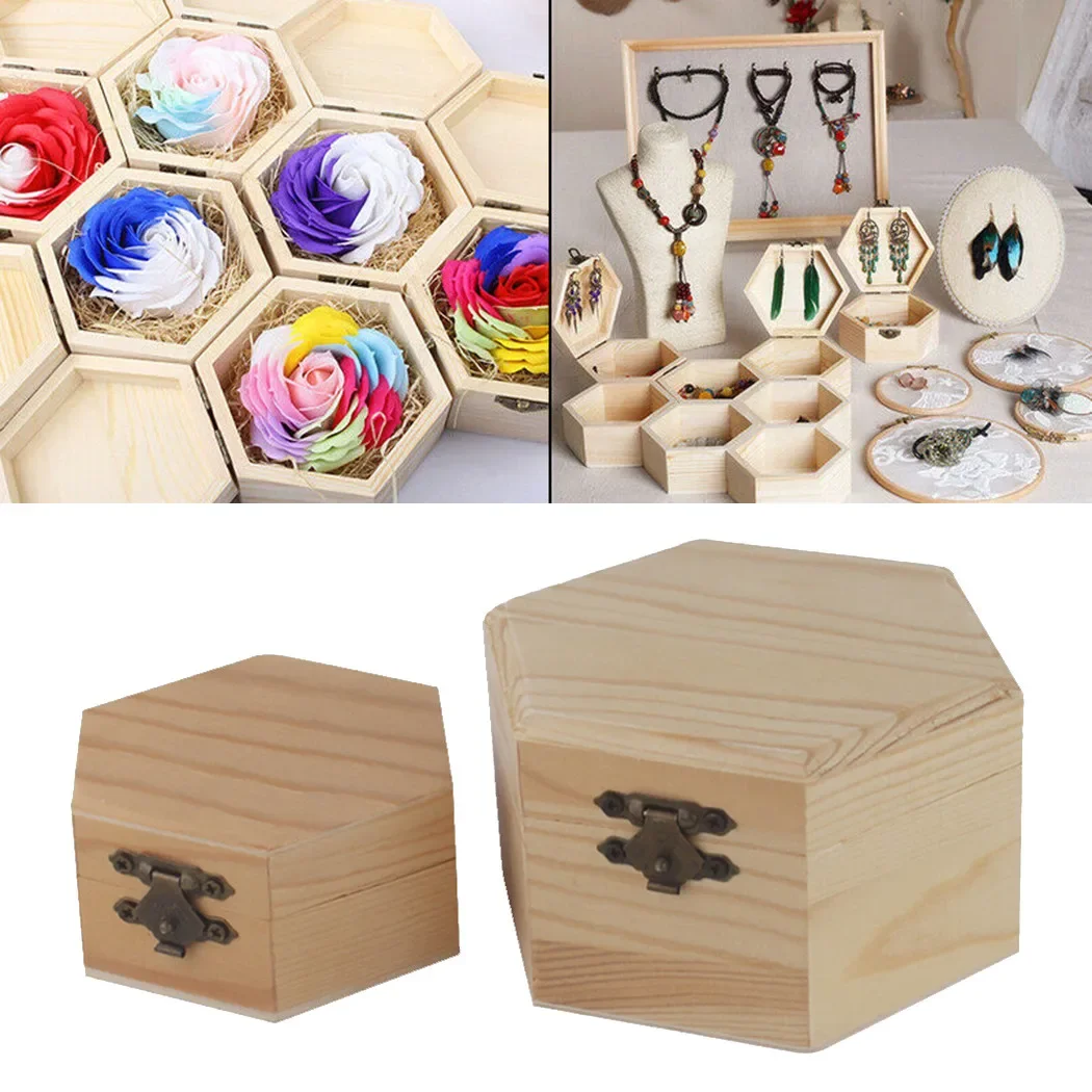 Wooden Storage Box Hexagonal Shaped Wood Jewelry Organizer Container Case Wedding Gifts Favors Box Holder For Home Storage 6