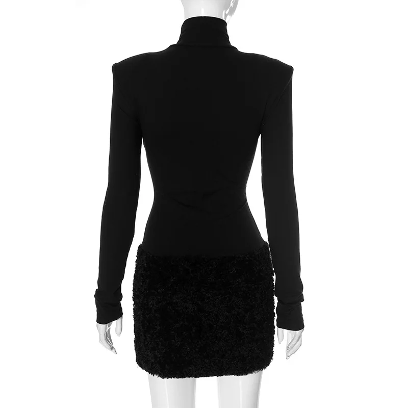 Vestido mini de cuello alto con mangas largas y peludo para mujer, cintura alta, elegante, para fiestas y ocasiones especiales, 2025