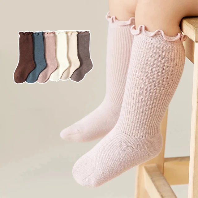 3 paires de chaussettes pour bébé garçon et fille, chaussettes hautes, en  coton solide, longues, à volants, pour nouveau-né, été