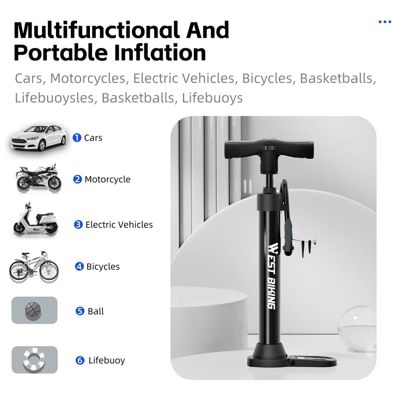 WEST BIKING Bike Pump 120PSI Portable Labor-Saving Air Pump For Motorcycle Car E-Bike AV/FV Inflator MTB Road Bike Accessories