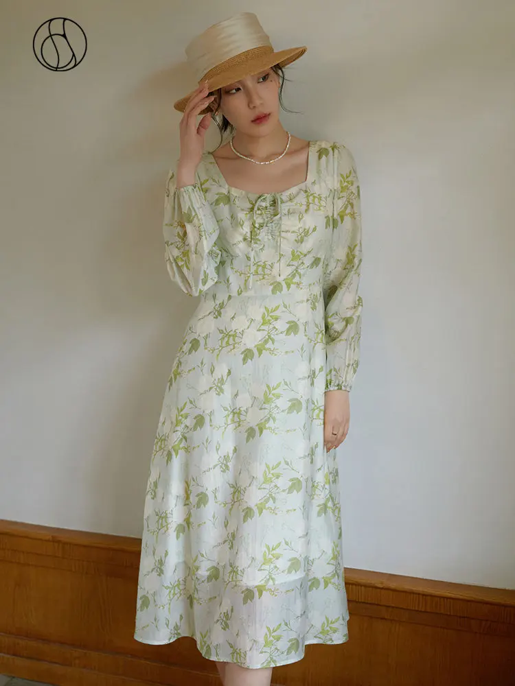 

DUSHU French Style Retro Square Neck Floral Dress For Women In Early Spring 2023 New Slim Waist Chic Tea Break Women Dress