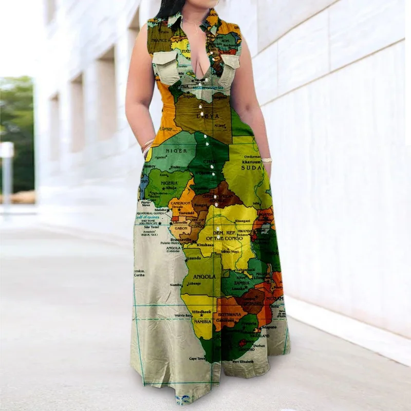 

Oversized Dresses for Women Sleeveless Print Shirt Collar Female Dress Summer Fashion Casual But Maxi Robe Femme Large Size