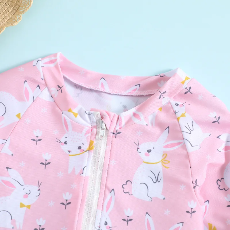 Girls Swimsuit Summer Toddler Girls Long Sleeve Ruffles Cartoon Rabbit Prints One-Piece Swimwear Kids Swimwear