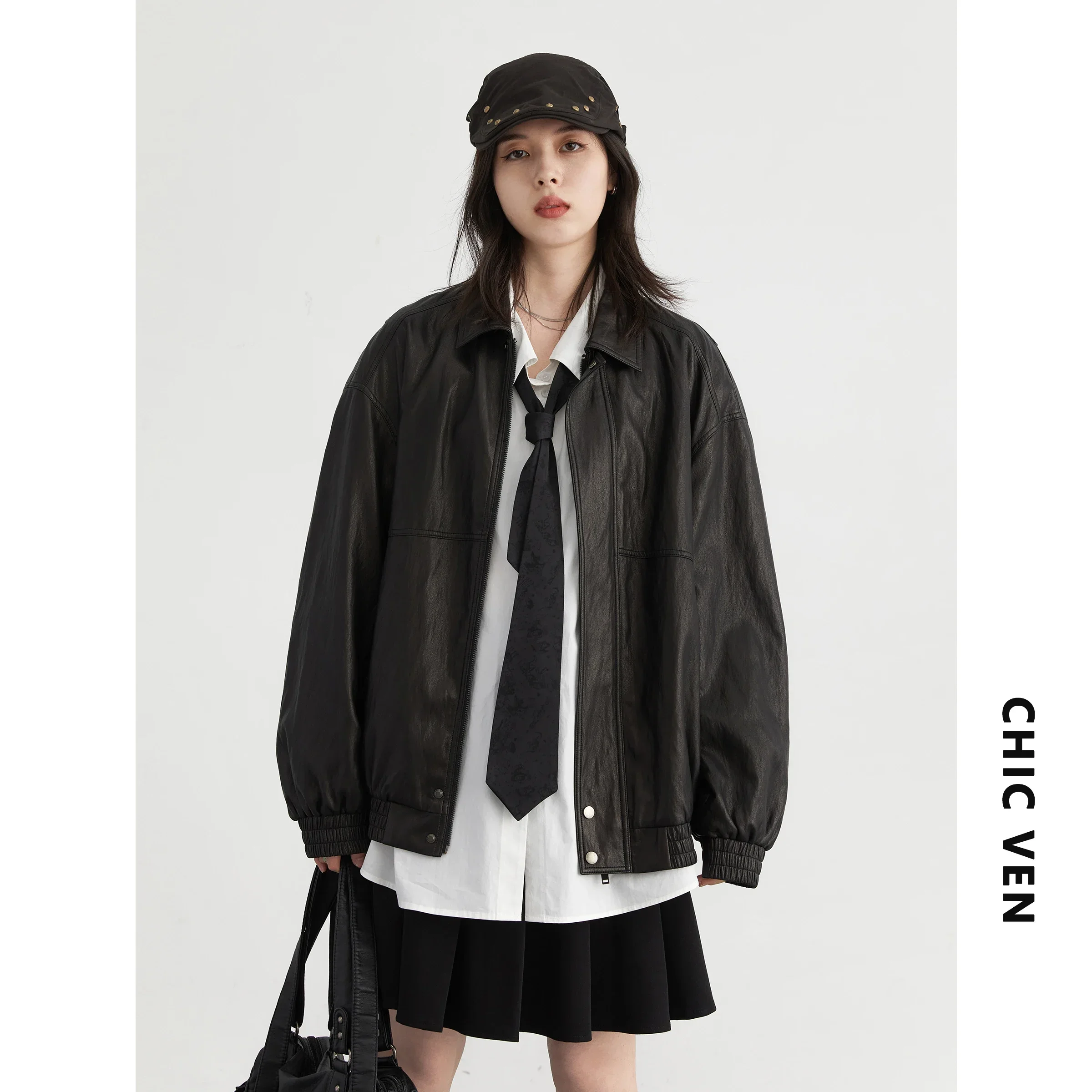 CHIC VEN Women PU Jacket Solid Faux Leather Loose Pleated Texture Female Coat Spring Autumn