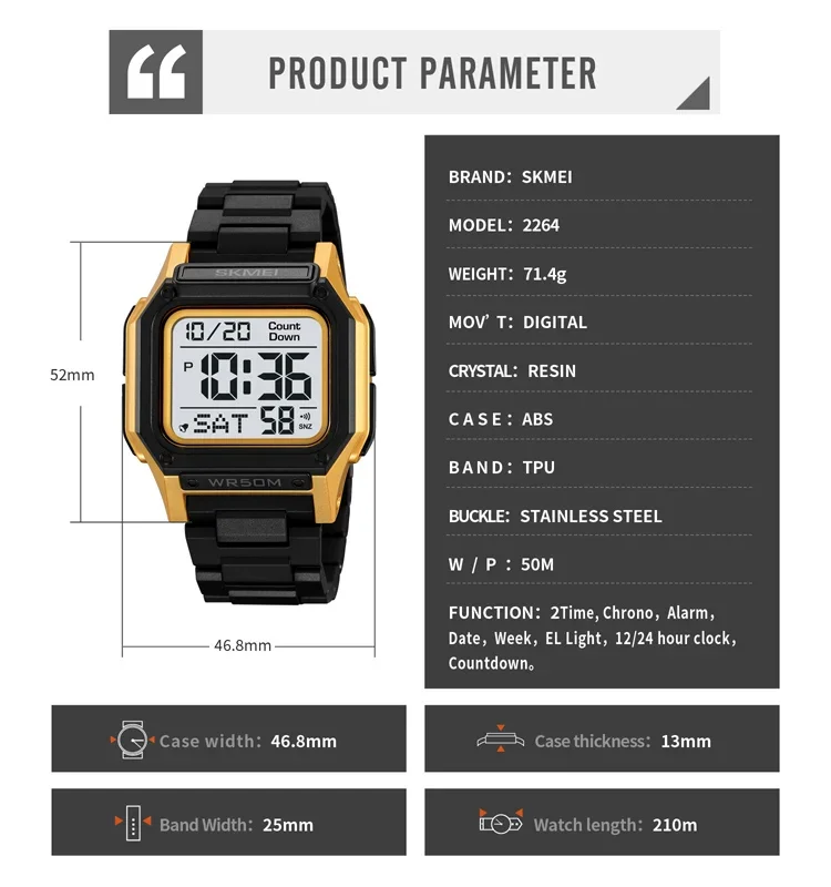 SKMEI 2264 Military Digital Sports Mens Wristwatches Electronic Shockproof Waterproof Watch for Men Countdown Reloj Masculino