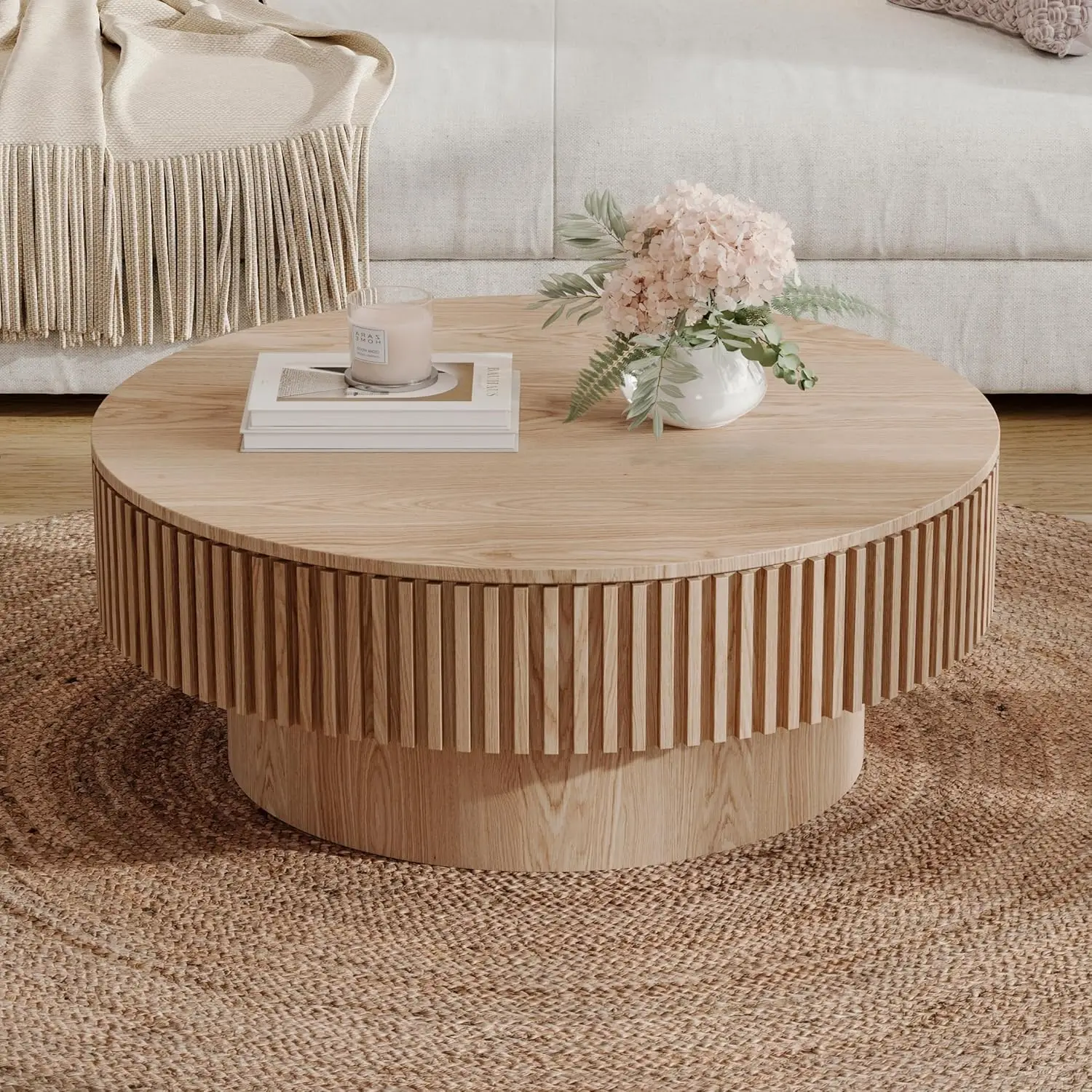 31.5''Round Coffee Table with Storage,Modern Luxury Circle Drum Center Tables with Solid Wood Veneered, Accent Side Coffee Table