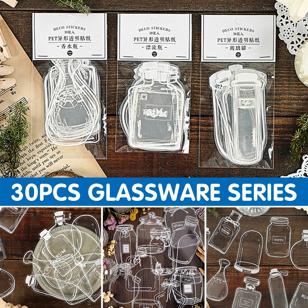 30PCS Transparent Glassware Sticker Creative Glass Bottle Decorative