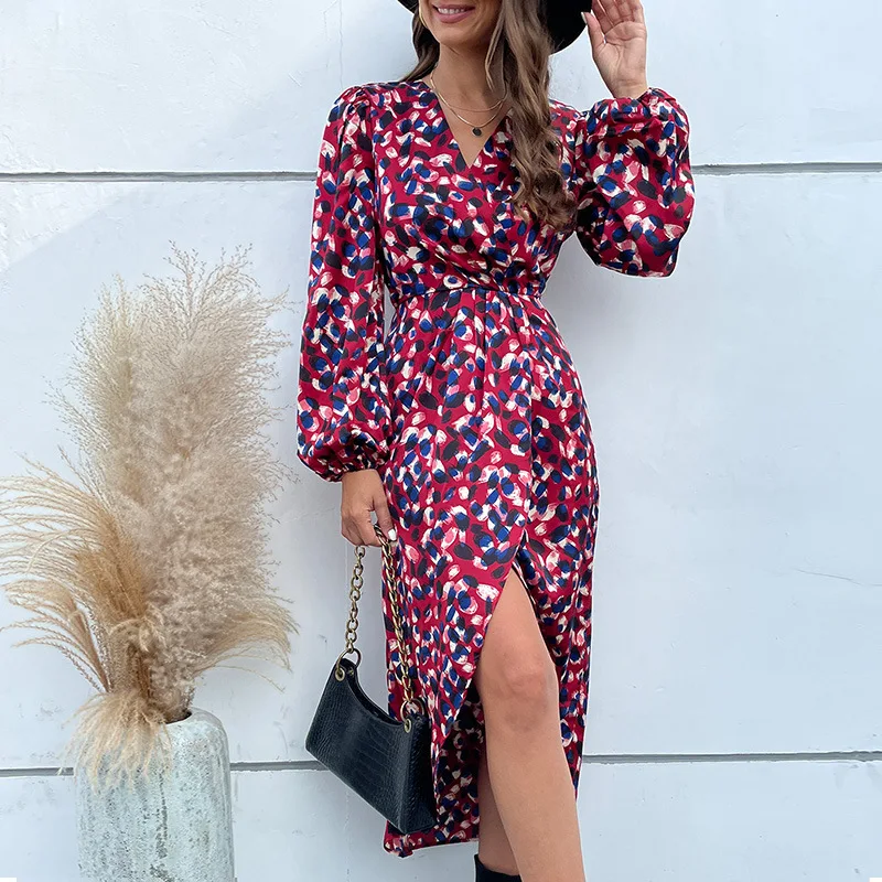 

Christmas Print Polka Dot Split Dress 2023 New Fashion Outwear V-Neck Full lantern sleeve Skinny Midi A-Line Dresses for Women's
