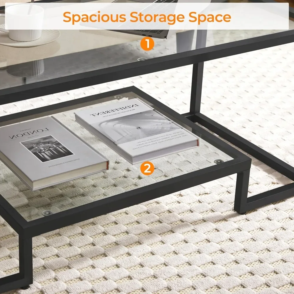 Coffee Table, Tempered Glass Coffee Table, Modern Simple Center Tables w/Geometric-Inspired Design & Metal-Frame & Easy Assembl
