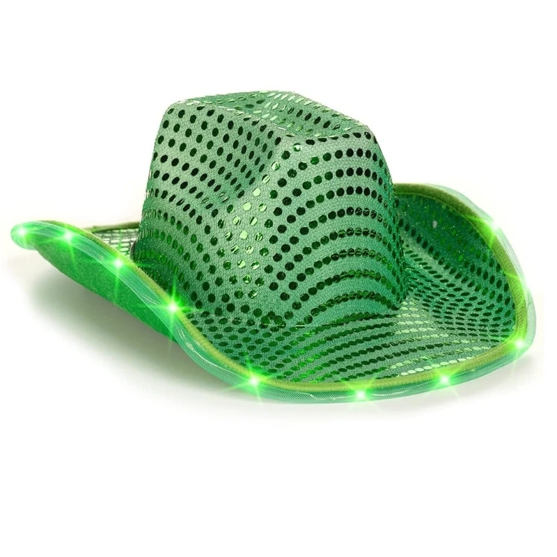 Glowing Sequins Cowboy Hat Wide Brim LED Light Up Brim Hat Woman