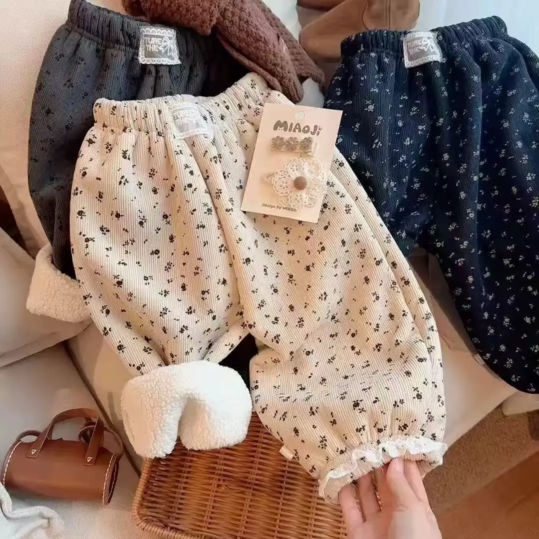 가을 겨울 어린이 두꺼운 플러시 바지 의류 패션 새로운 어린이 따뜻한 스포츠 바지 꽃 소녀 캐주얼 바지