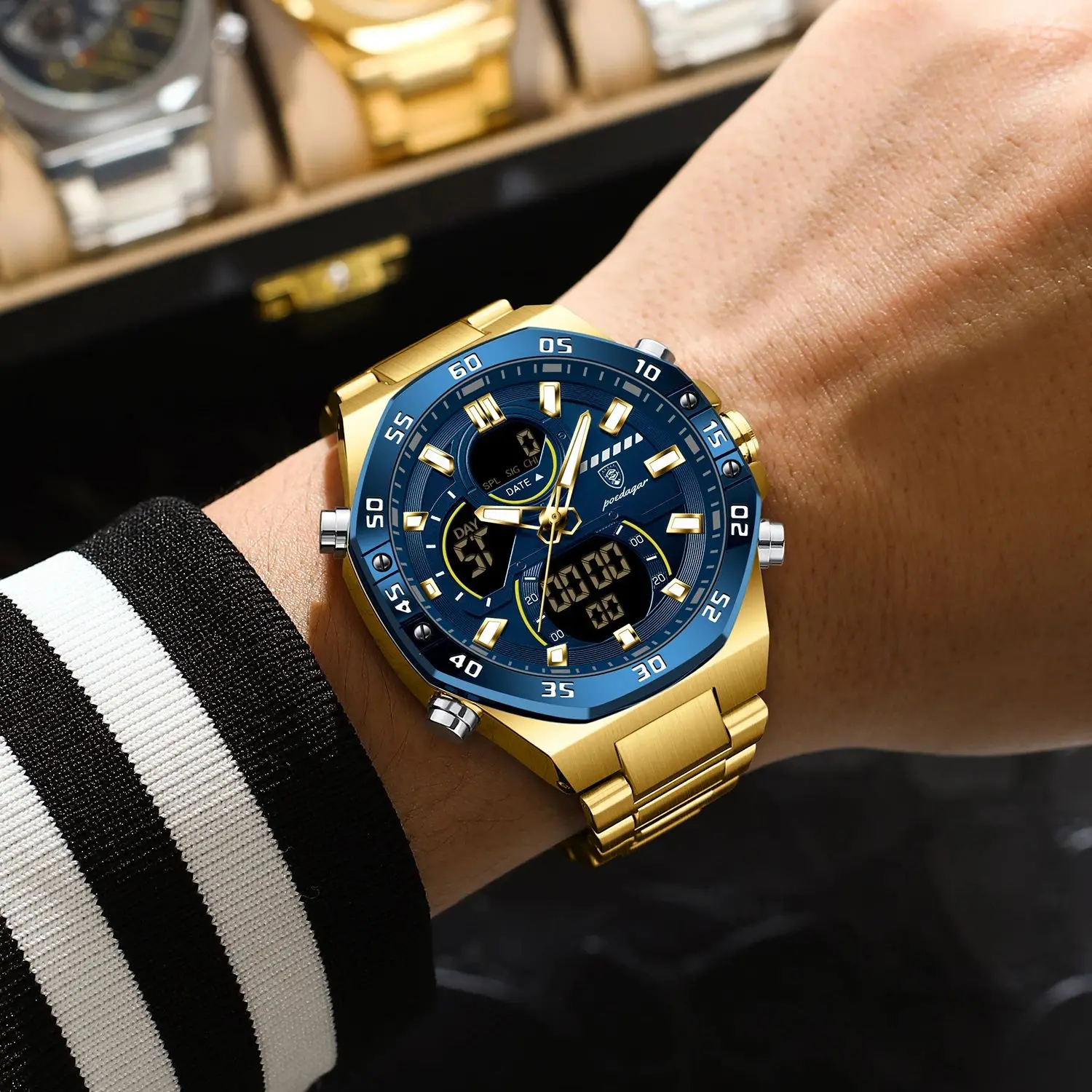 Poedagar Top Military Men Watch Week Date Waterproof Led Man Digital Watch Stainless Steel Trendy Men's Quartz Watches+box Gift, Alina Gadgets