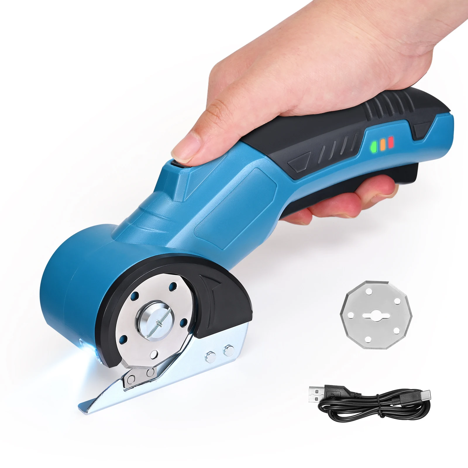 Elektrischer Rotationsschneider mit LED-Licht, SK5-Stahlklinge, Sicherheitsverriegelung, Kabellos, 320 U/min, Bürstenmotor, zum Schneiden von Stoff, Leder und Karton