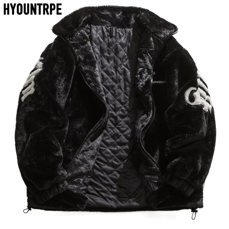 Hip Hop Faux Fur Fleece Jacket Mens Embroidery Letter Streetwear Winter Thick Warm Loose Cotton Coat Harajuku Casual Outerwear