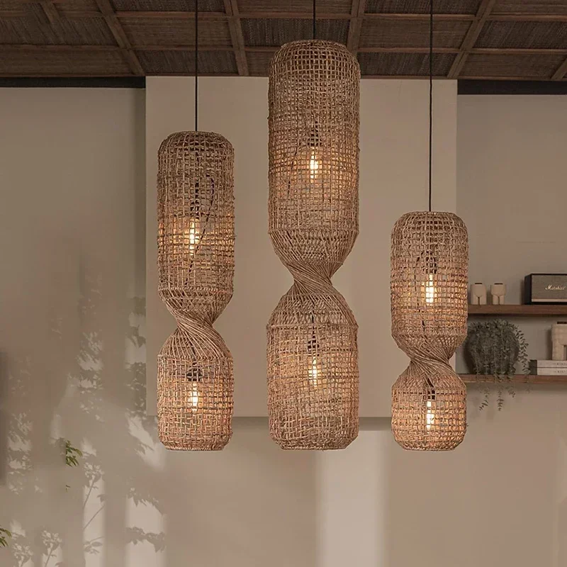 

Vintage Wabi-sabi Pendant Light Retro Chinese Style Rattan Lamp Decor Dining Room Restaurant Bar Staircase Suspension Luminaire