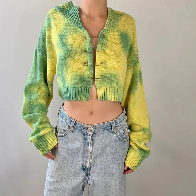 

2021 Autumn and Winter Long-sleeved Sexy Short Tie-dye Pin Cardigan V-neck Slim-fit Street Style Knitted Sweater Jacket Women