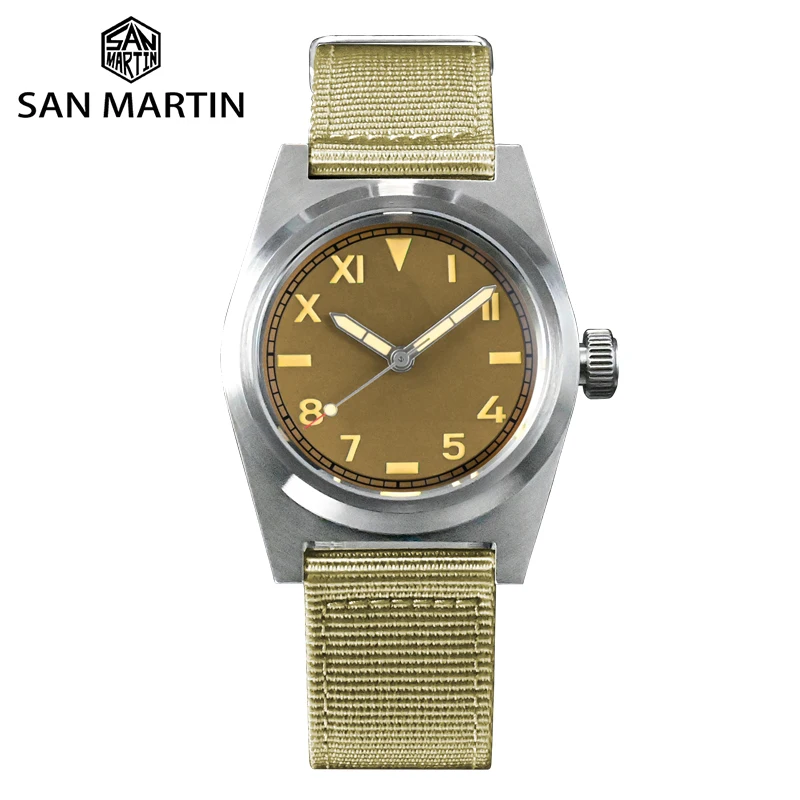 

San Martin Pilot Watch NH35 38mm Vintage Military Enthusiasts Sapphire Automatic Mechanical Men Watches Nylon Strap 20Bar Lume