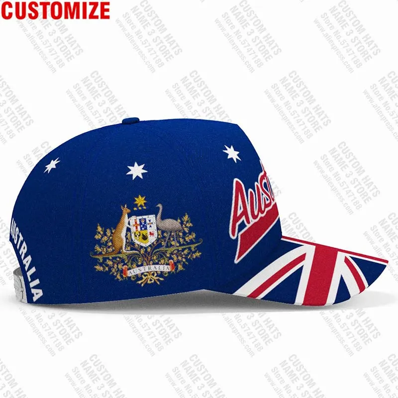 Customizable Australian Themed Navy Blue Baseball Cap with Name, Number, and Team Logo