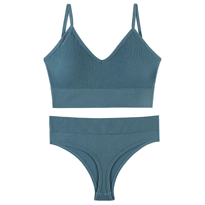 French Soft Padded Top Ladies Set Seamless Bra Thong Low Waist Panties Wireless Backless Bralette Underwear lady panties