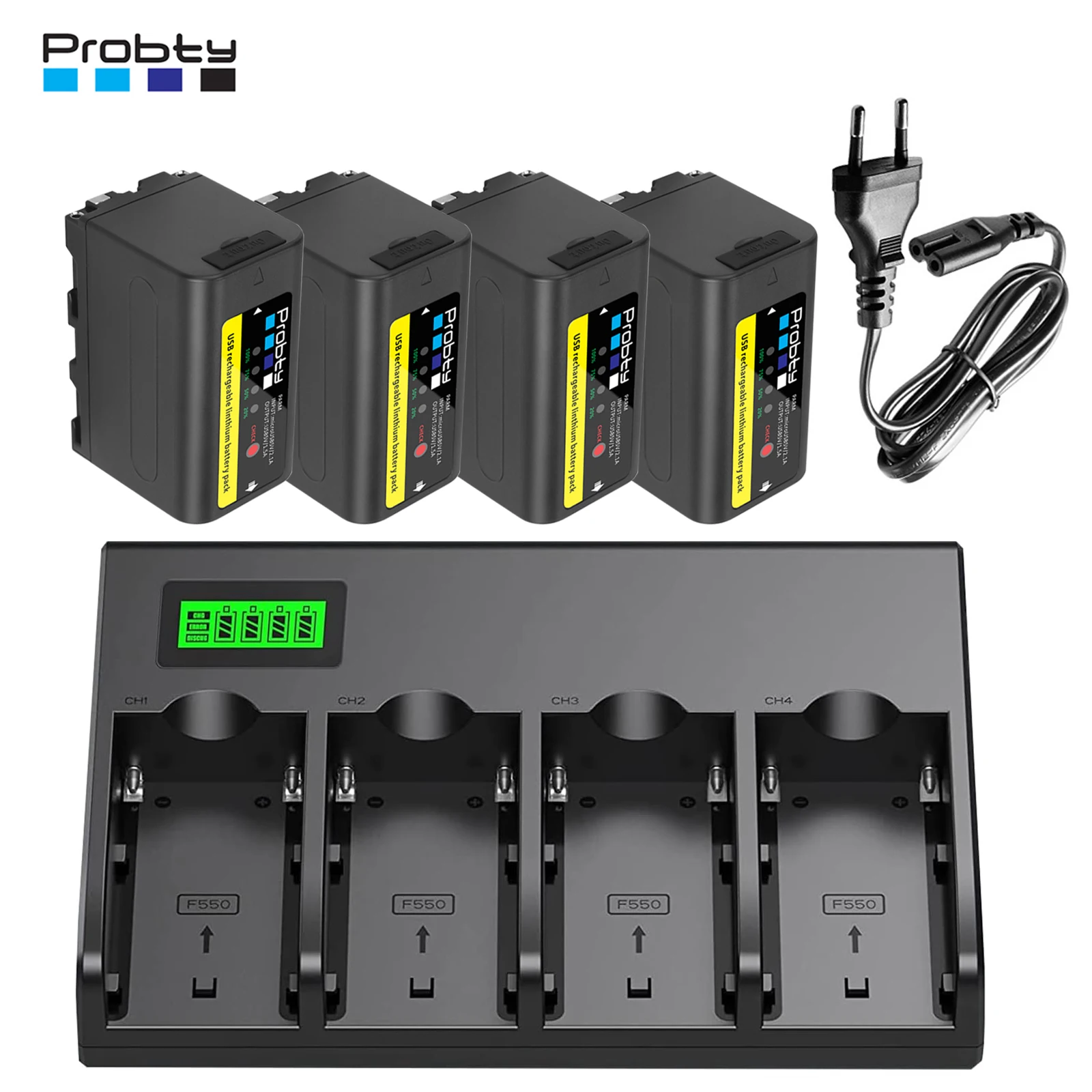 

NP-F770 NP-F750 Replacement Batteries with 4-Channel Charger for Sony NP-F550/750/770, Handycam,Field Monitor, Video Light