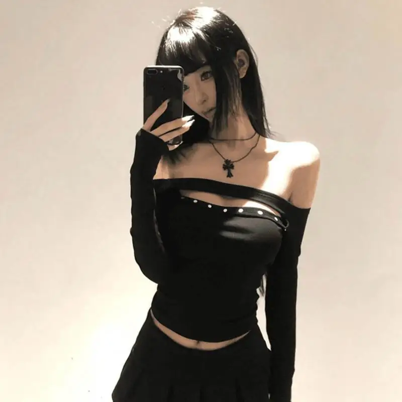 ตัวเลือกสินค้า เสื้อแขนยาว Y2k Slim ปิดไหล่ สีดำ แฟชั่นฤดูใบไม้ร่วง