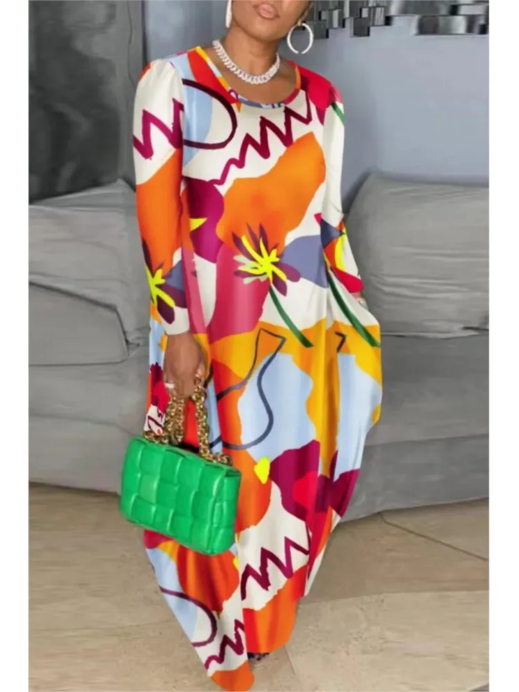 

Casual O Neck Printed Long Sleeved For Women's Dresses Spring Fashion Pocket Loose Simple Elegant Dress Female 2024