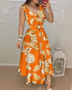 Alternative view of 2022 Summer Woman Casual Chic V-Neck Floral Print Tied Detail Belted Design Sleeveless Maxi Vacation Dress