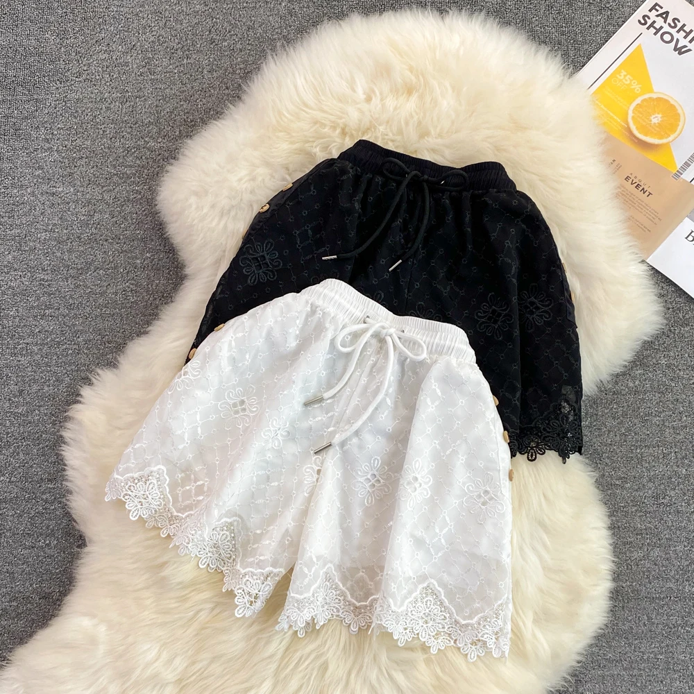 

Solid Color Lace Embroidered High Waist Slim Wide Leg Pants Thin Style Shorts
