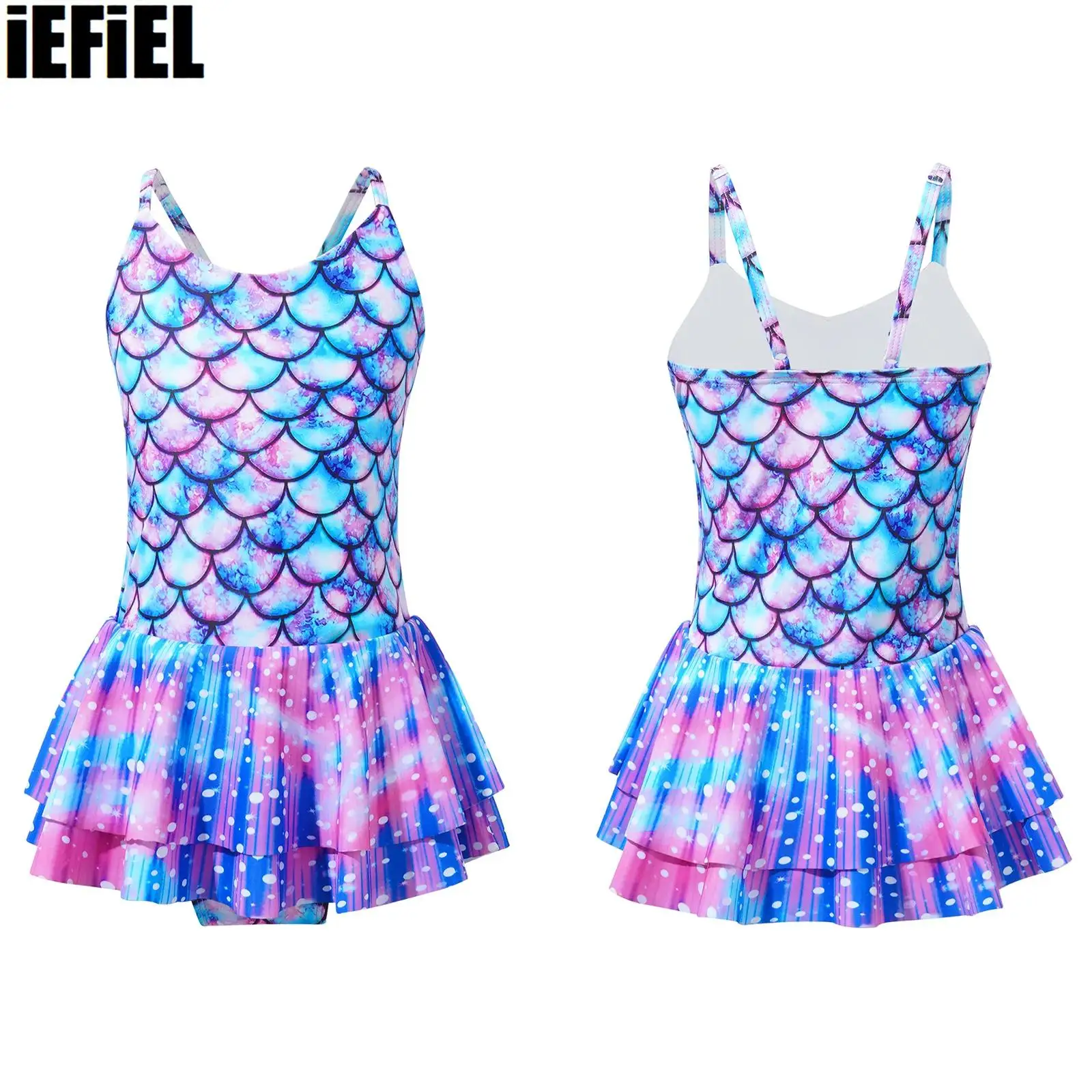 

Kids Girls One-piece Mermaid Swimsuit Fish Scales Print Swimsuit Straps Ruffle Flounce Jumpsuit Surfing Beach Suit Rash Guard