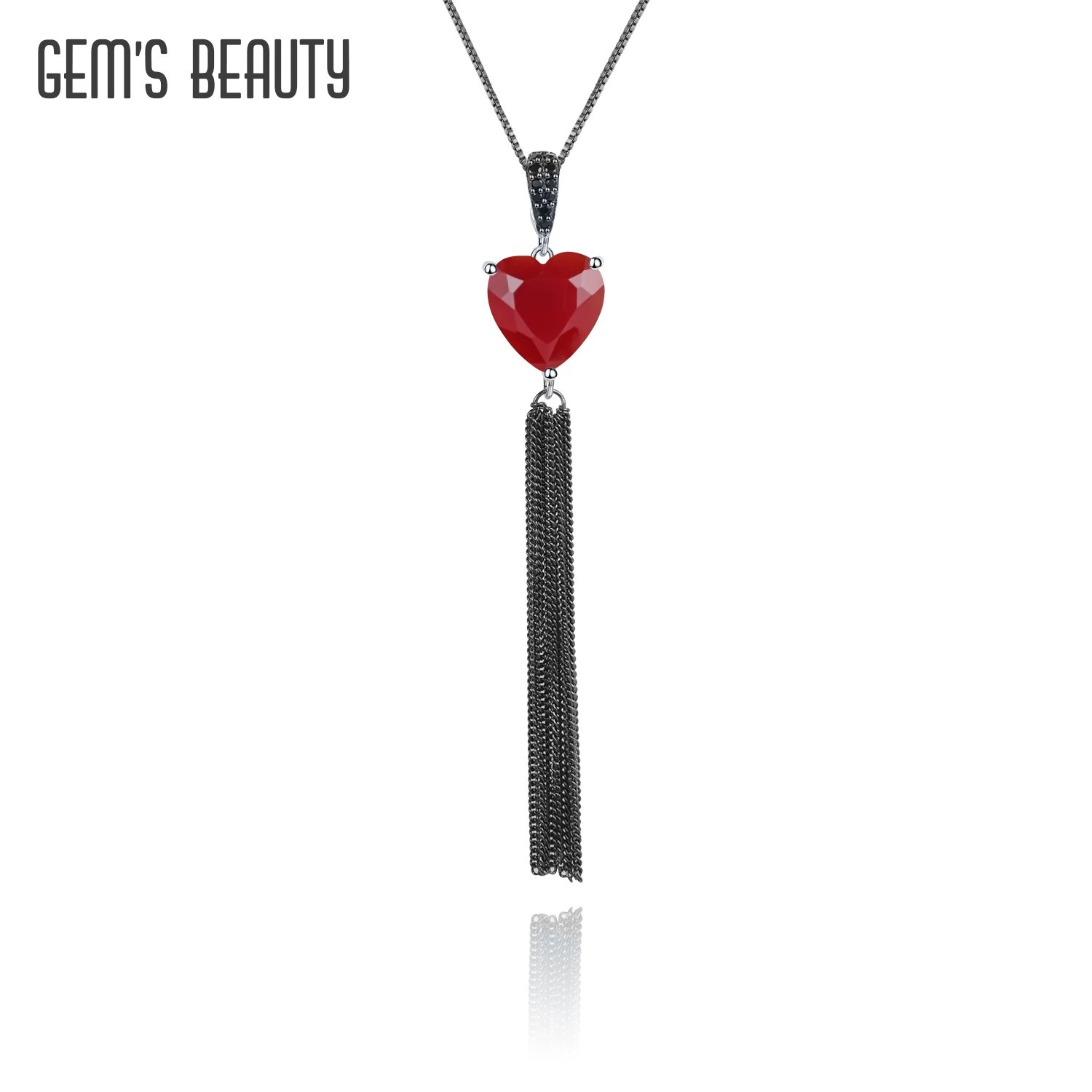 

GEM'S BEAUTY 925 Sterling Silver Original Design Heart Pendant with Tassels Natural Red Agate Necklace Love Token for Women