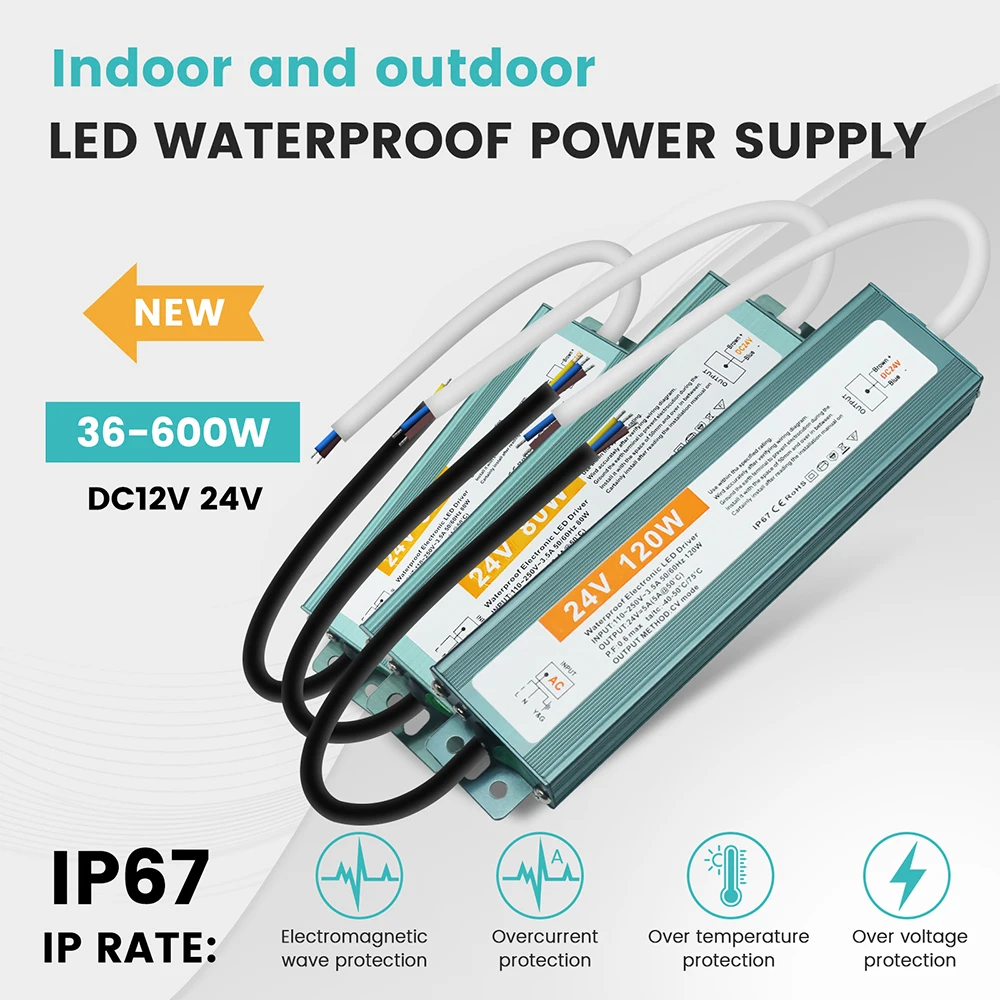 Waterproof LED Power Supply for Outdoor Lighting and Security Systems, AC to DC Conversion, 60W-250W Range