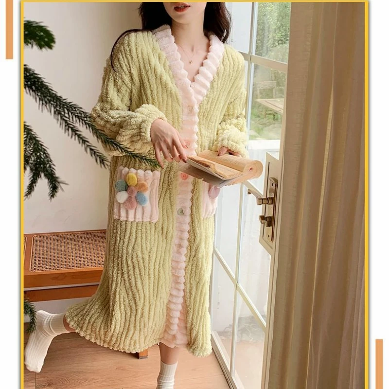 Winter Robe Women Coral Velvet Padded Thickened Nightgown Bathrobe Autumn Winter Long Bathrobe Jacket Facecloth Pajamas New