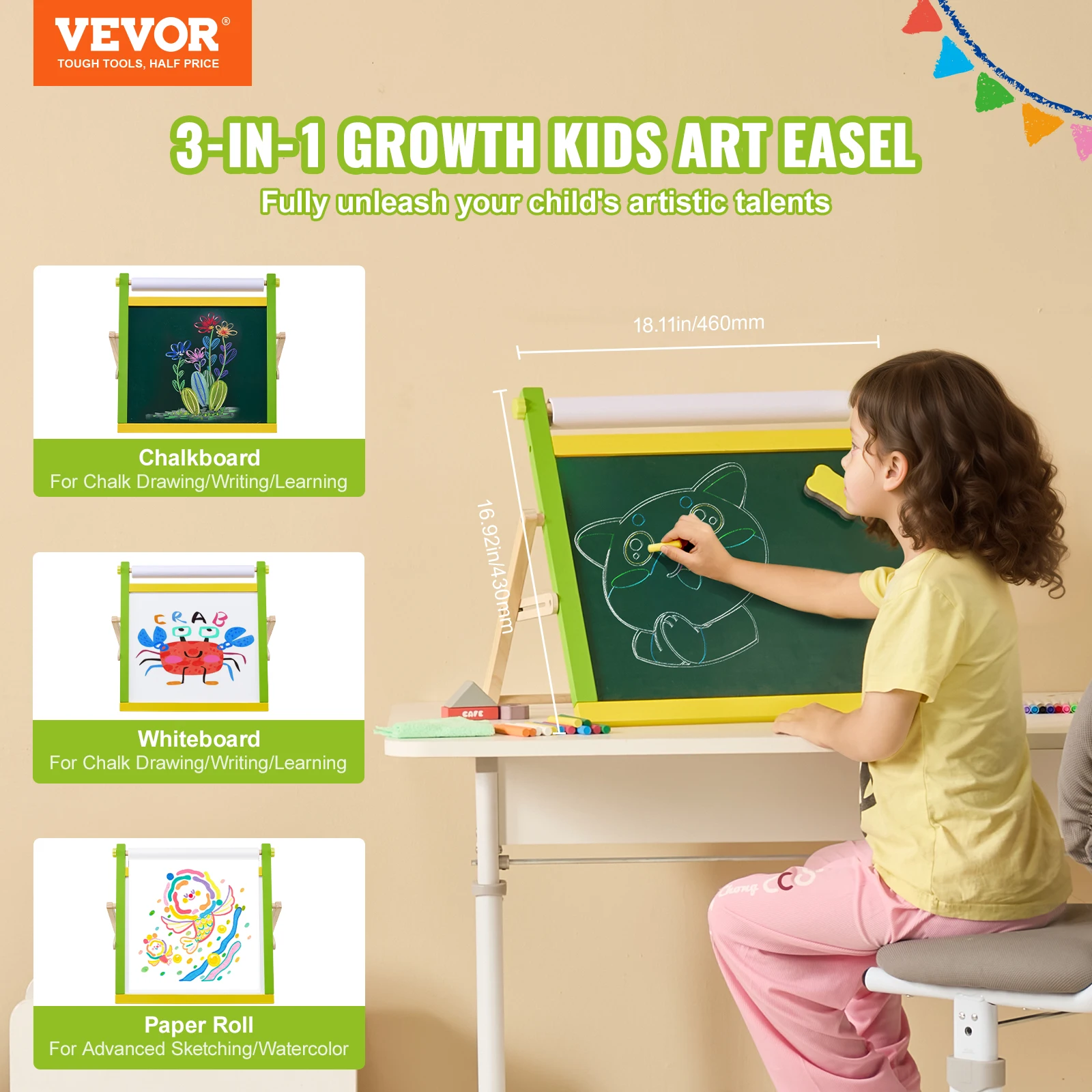 VEVOR Children Magnetic Drawing Board 3-in-1 Double-Sided Wooden Kids Art Easel with Painting Accessories for Boys Girls Toys 2