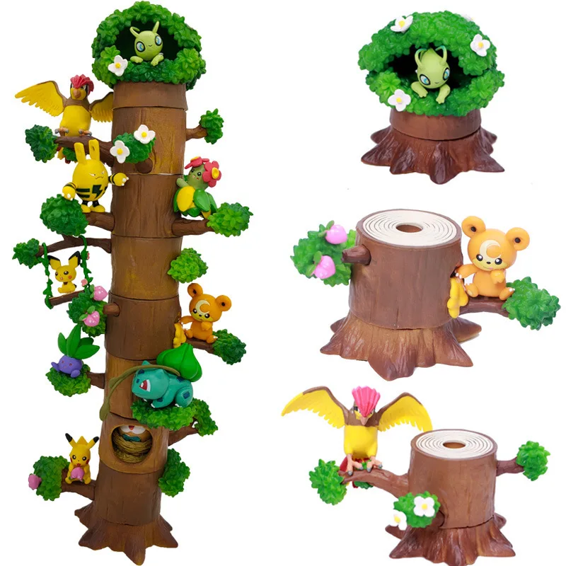 

Pokemon Pikachu Anime Action Figures Assembled Model Bulbasaur Tree Pile Scenes Ornaments Collectible Dolls Toys For Kids Gifts