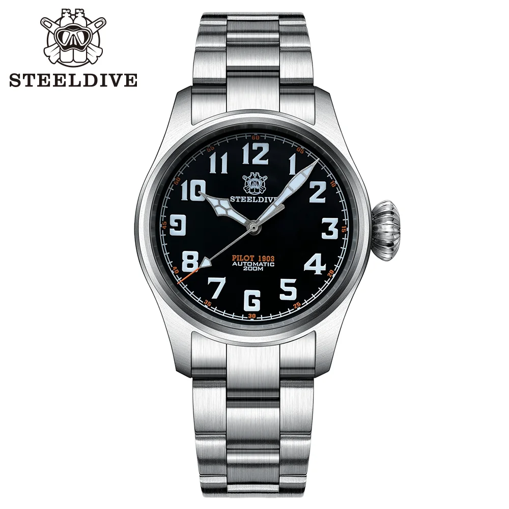 SD1928V New Arrival 39MM STEELDIVE Brand Black Dial Blue Luminous 10MM Onion Crown 200M Waterproof Pilot Dive Watch for Men