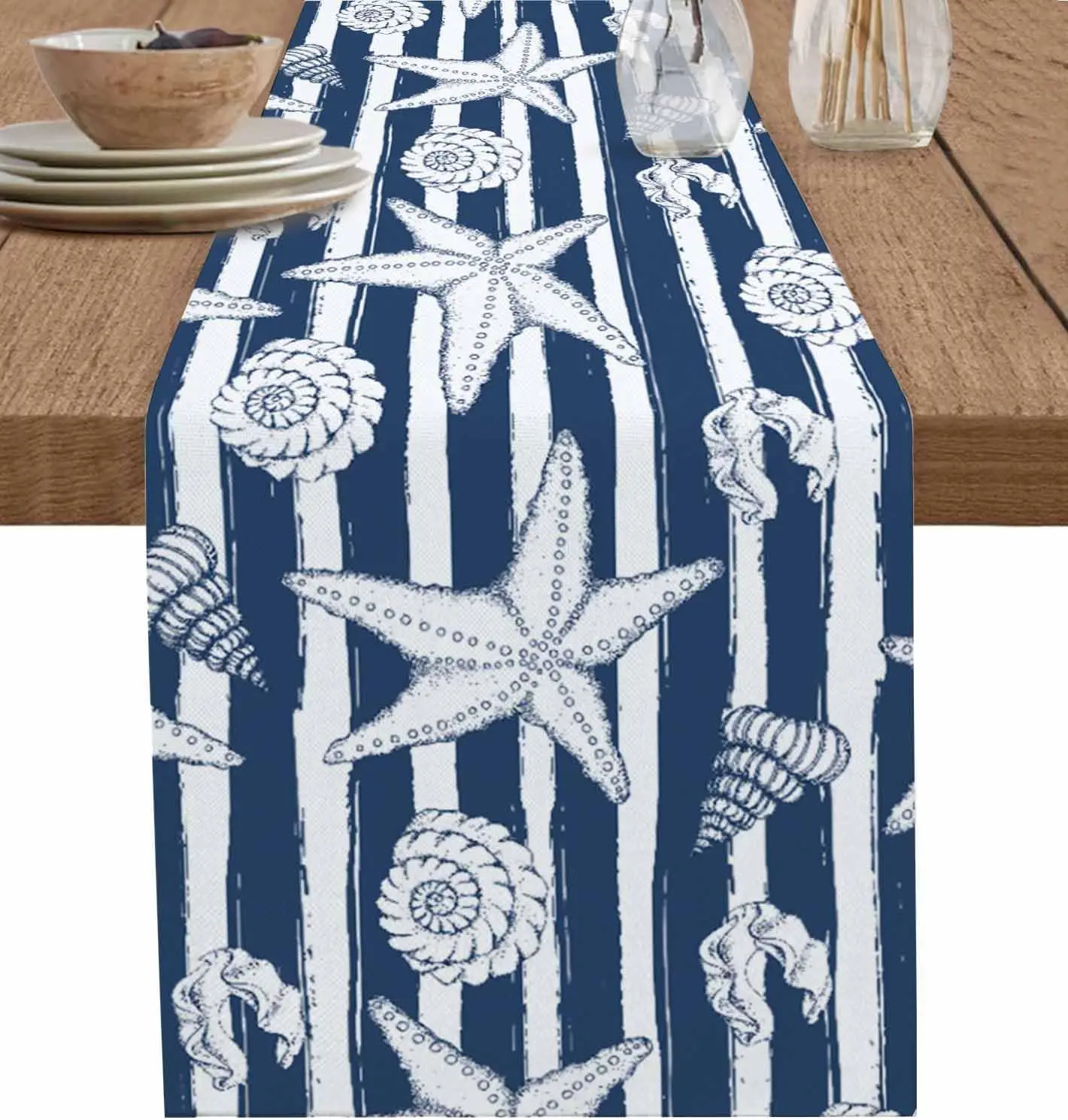 

Nautical Ocean Blue Stripes Linen Table Runners Dresser Scarf Decor Washable Beach Conch Starfish Shell Table Runner Party Decor