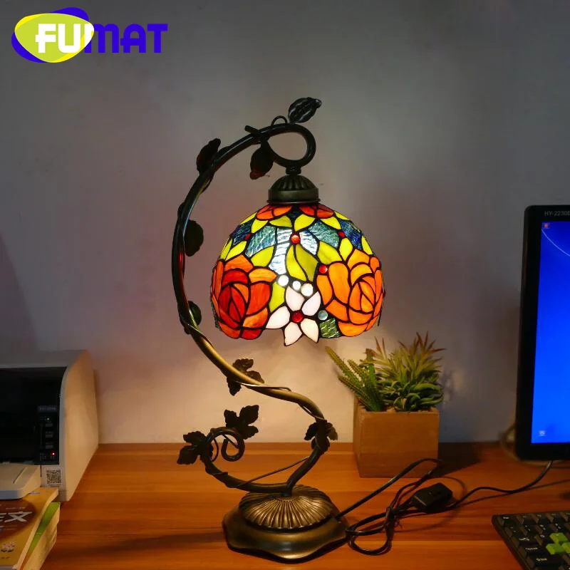 FUMAT  스타일 스테인드 글라스 미국 레트로 책상 램프, 침실 침대 옆 램프, 카페 서재 레스토랑 테이블 램프, LED 장식