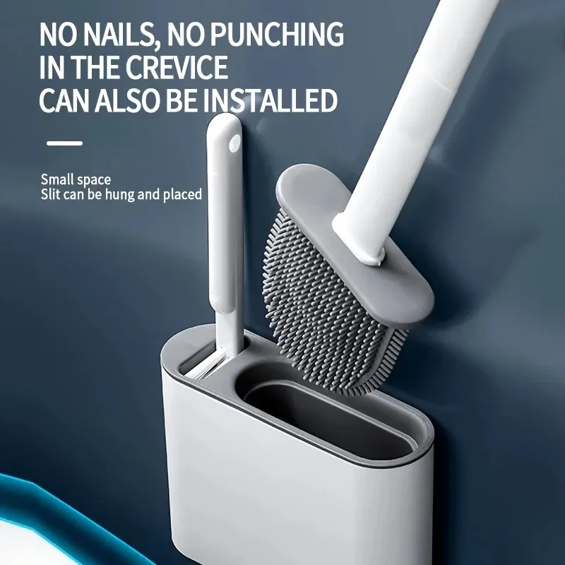 Wall-Mounted Silicone Toilet Brush Set Easy-Install Long-Handle No Dead Corners Efficient Cleaning Portable Design Holder