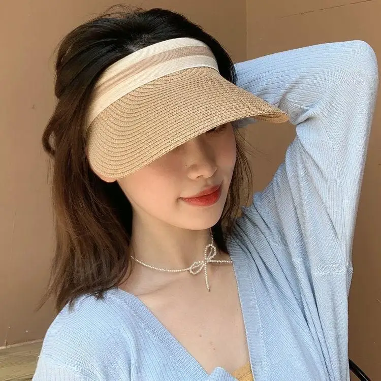 Damen Sommerhut Outdoor Sonnenschutz Pferdeschwanz Strohhut Gesicht Transparent Schirmmütze Handgemachte Natürliche Frühlings Sonnenblende_voghion.com