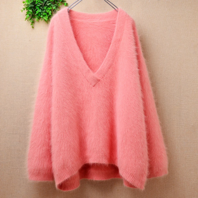 

Ladies Women Fall Winter Clothing Deep V-Neck Pink Hairy Mink Cashmere Knitted Long Sleeves Loose Pullover Angora Sweater Jumper