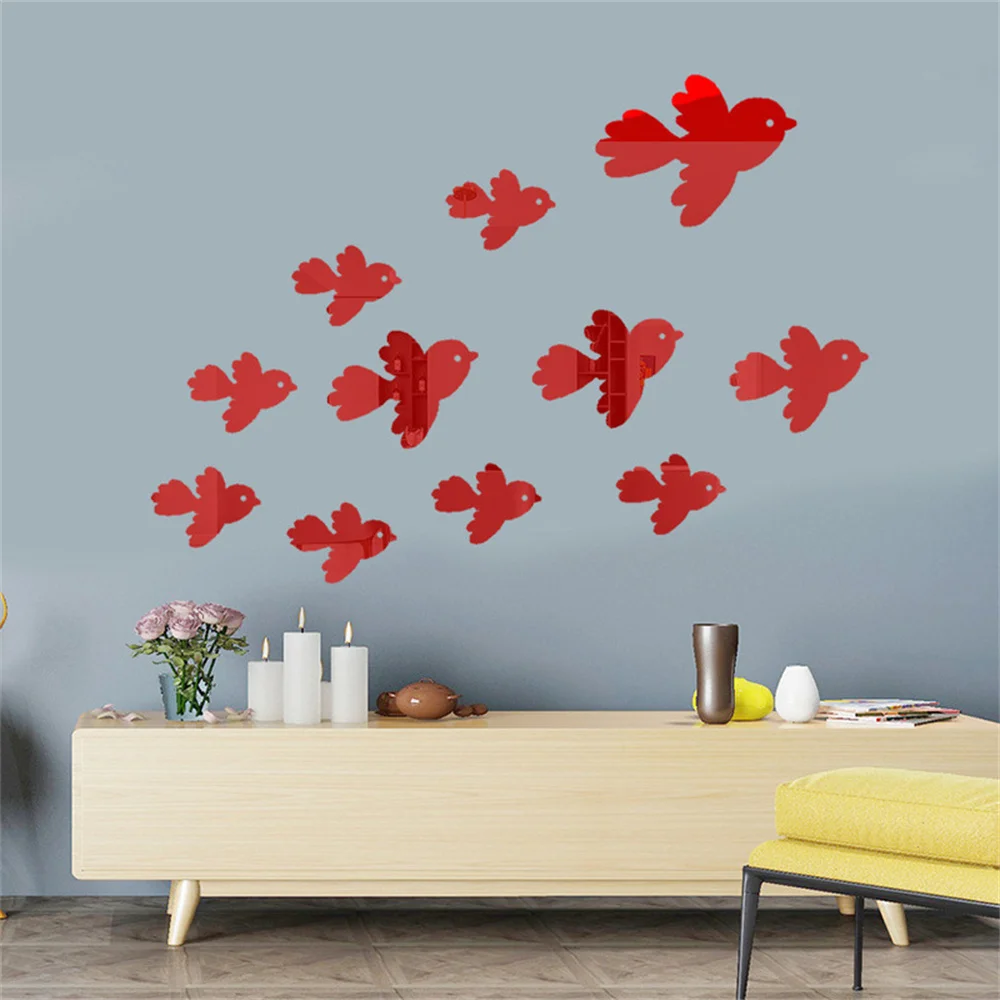 1set/12pcs 3D Little Bird Stickers Mirror Surface Decals DIY Self-adhesive Wall Art Mirror Stickers Home Decoration Mural Gift