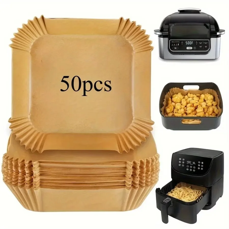 50pcs 8in Square Air Fryer Parchment Liners - Non-Stick Food Grade, Fit 5-8QT Basket, Air Fryer/Microwave/Steamer Use