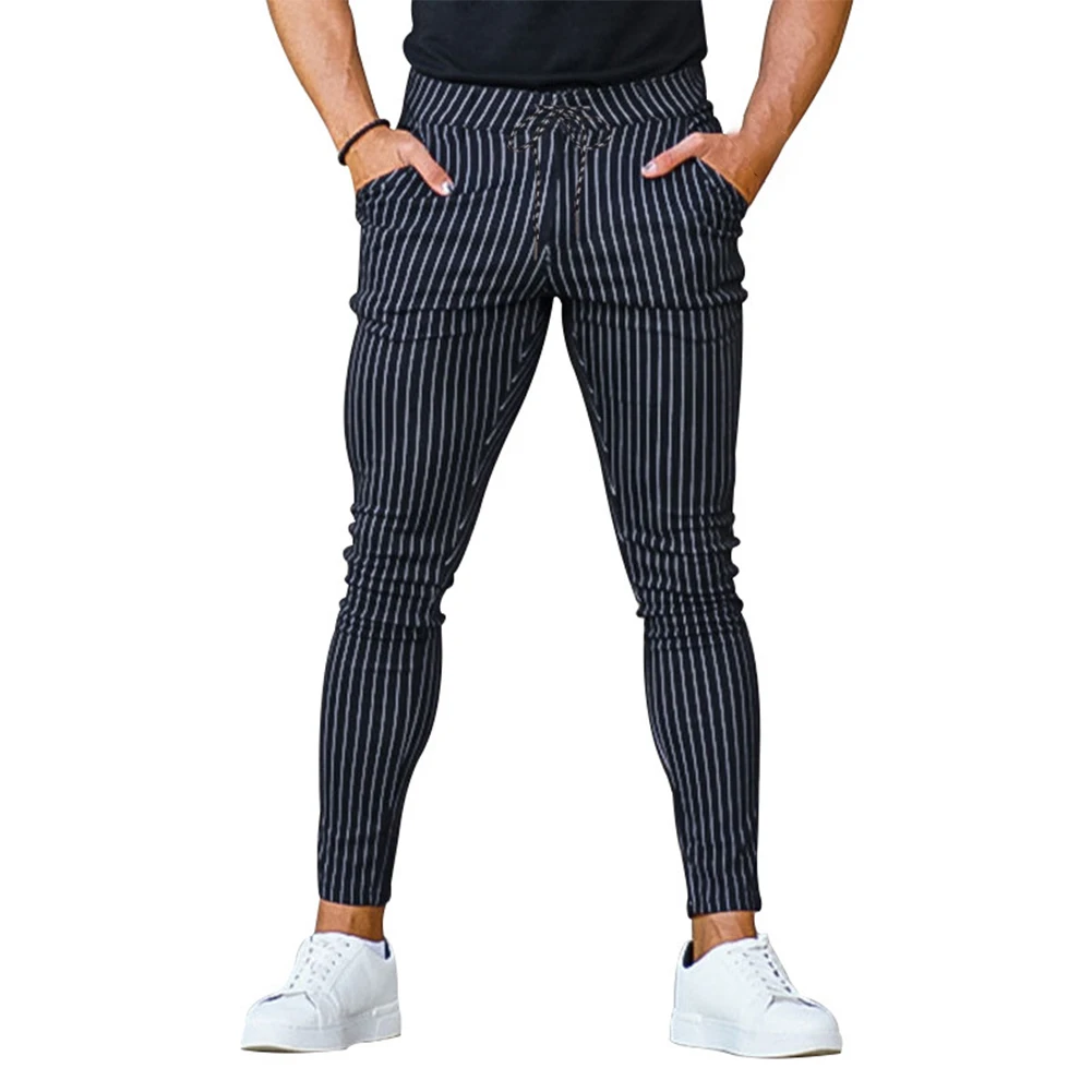 

Men Drawstring Striped Trousers Streetwear Business Outdoor Pants Trousers Elastic Slim Casual Korea Fashion Men's Leggings