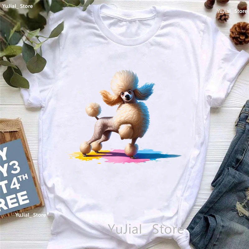Bunte Pudel Liebe Ball Tier gedruckt T-Shirt Mädchen lustige weiße T-Shirt Frauen Sommer Tops Mode Kurzarm T-Shirt weiblich – Detail 8