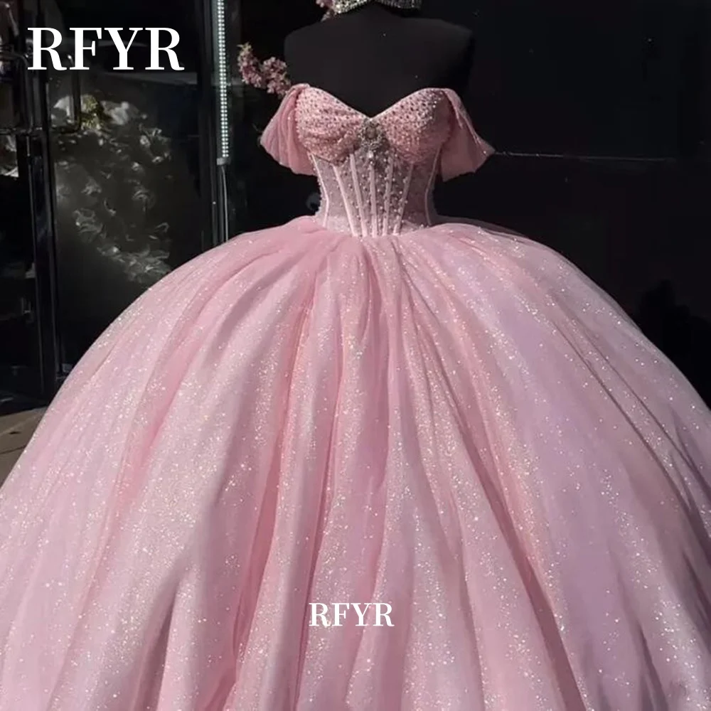 RFYR A Line Quinceanera Dresses Puffy Pricess Shiny Prom Gown Calssic Ball Gown 15 year old dress Vestidos de gala Customized