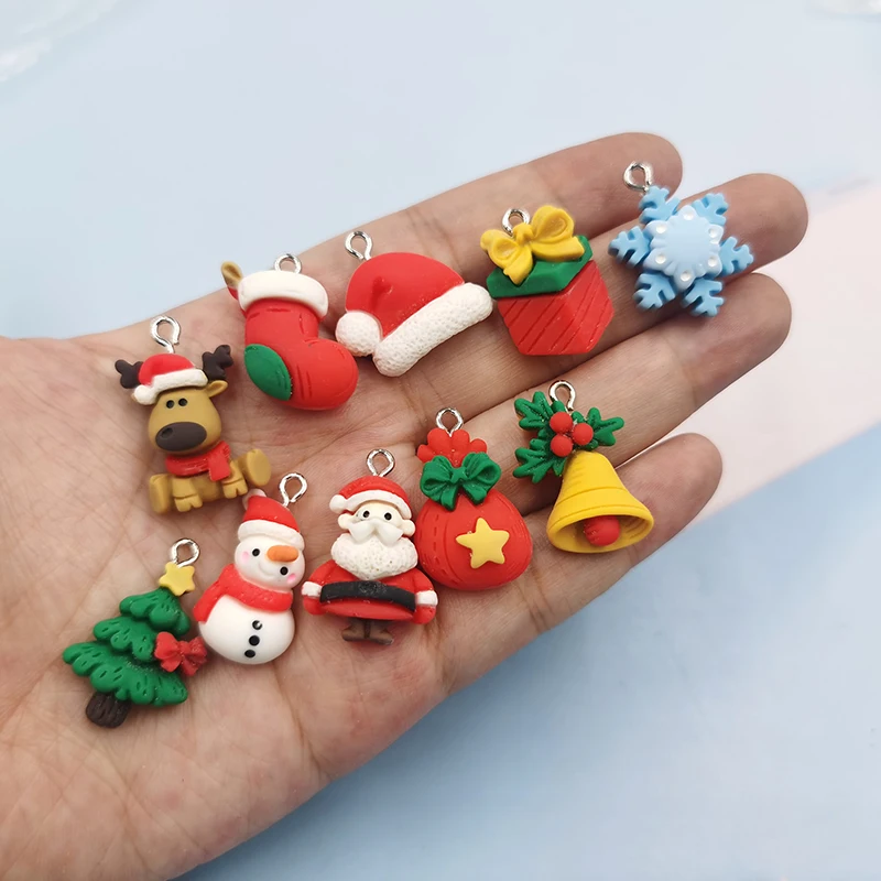 10Pcs Christmas Charms for Jewelry Making Findings Diy Cute Earring Hat Socks Tree Santa Claus Gift Bag Resin Pendant C1072